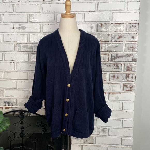 80s Carriage Court Navy Blue & Gold V-neck Button Down Preppy Sweater L - Picture 1 of 11